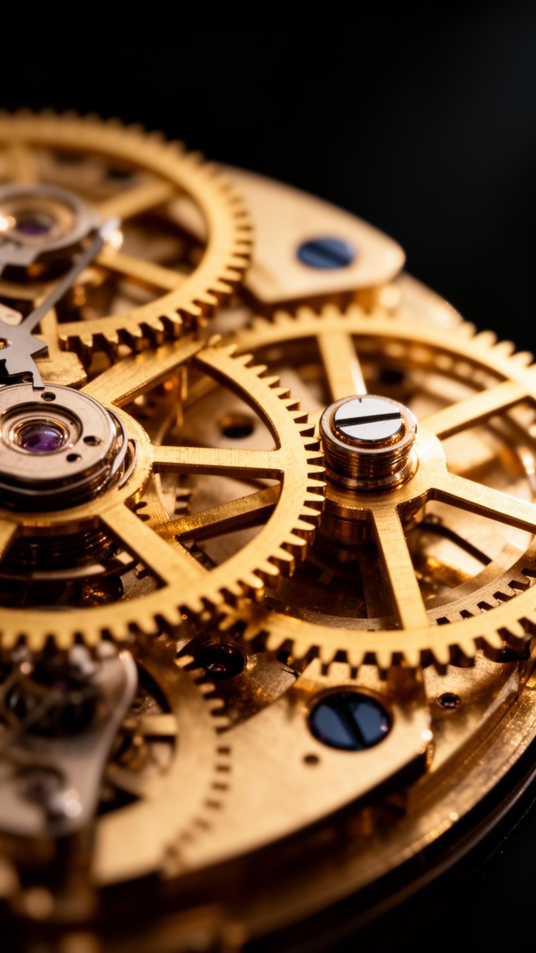 Macro view of meshing gold-plated clockwork gears, symbolising precision marketing systems